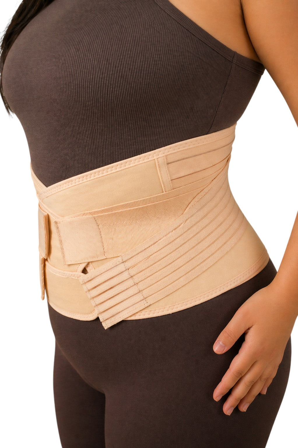 Ceinture de soutien post-partum 3 en 1 Norelys en beige, conçue pour le ventre, la taille et le bassin.