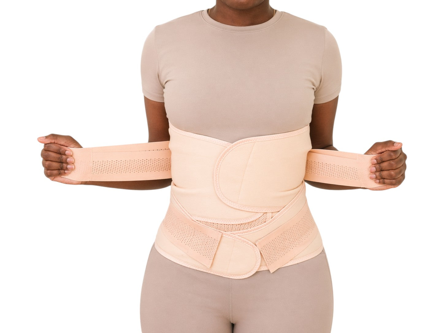 Kit de 3 ceintures post-partum Norelys en tissu respirant couleur chair pour soutien du ventre, de la taille et du bassin.