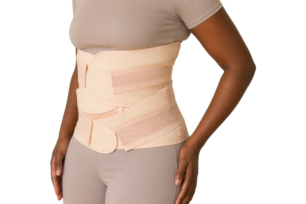 Kit postpartum 3 en 1 Norelys couleur chair, ceintures de soutien abdominal, taille et bassin en tissu respirant.